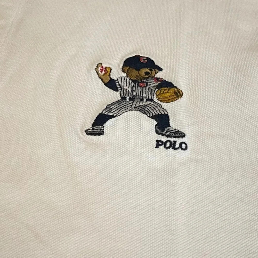 Polo Ralph Lauren Chicago Cubs Polo Bear Shirt Mens XL White Pique Baseball Polo